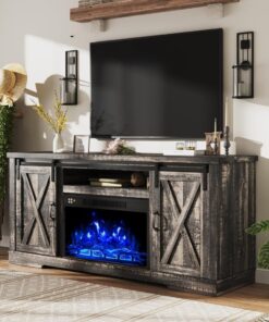 AMERLIFE Fireplace TV Stand with Sliding Barn Door for TVs up to 73", Farmhouse 63" Fireplace Entertainment Center with Storage Cabinets/Adjustable Shelves
